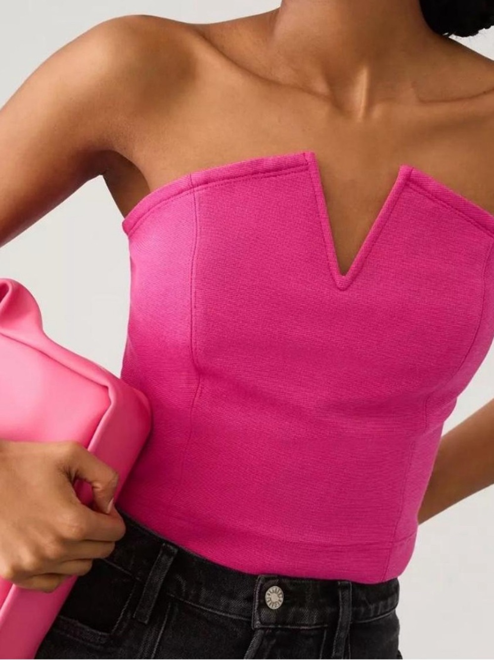 Maeve Hot Pink Strapless V-Notch Bustier Crop Top
